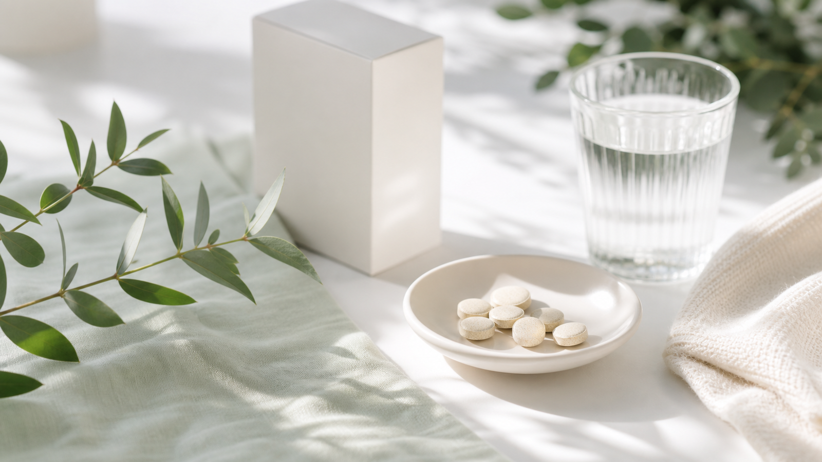 Active folate prenatal micronutrient supplement tablets with water in a clean wellness setting