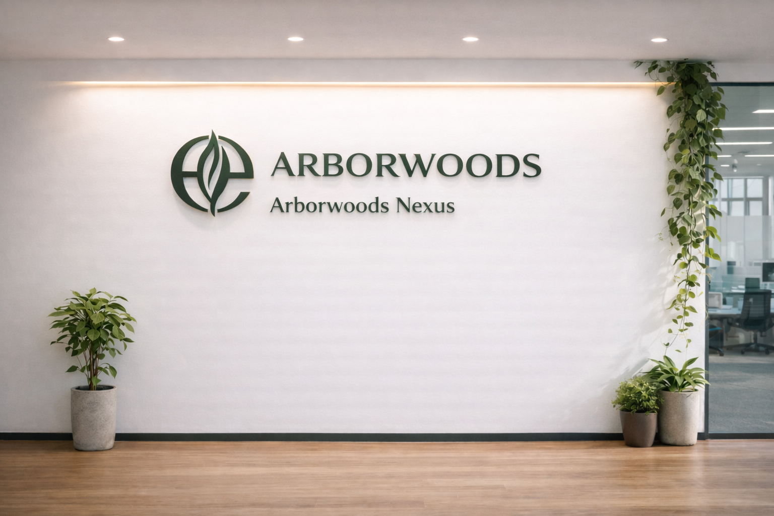 Arborwoods Nexus office reception with company logo